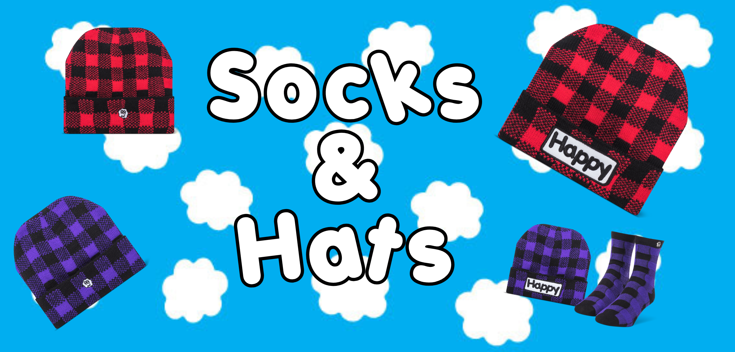 Red and black checkered hats and purple socks with 'Happy' label on a blue background with white clouds.