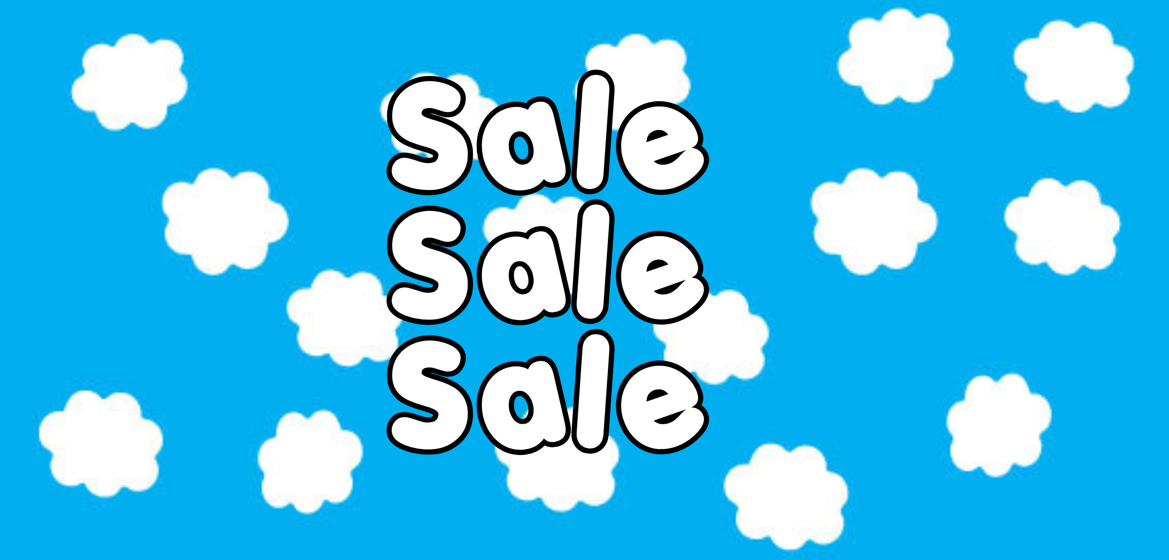 Blue background with white clouds and 'Sale' text