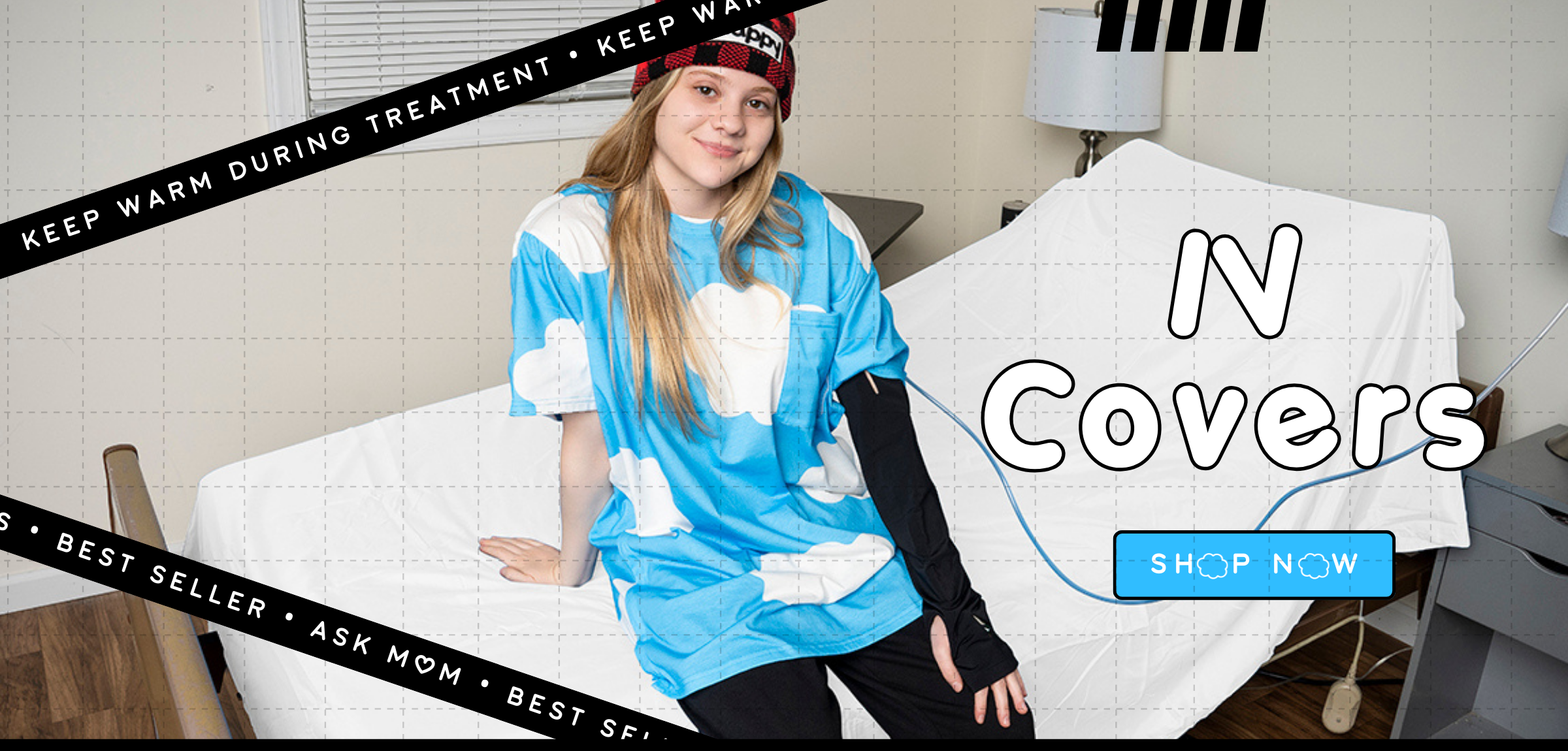 Young woman wearing a Happy Cloud Adaptive T-shirt and black IV arm cover, sitting on a medical bed with a bright, welcoming “IV Covers” banner promoting comfort during treatment.