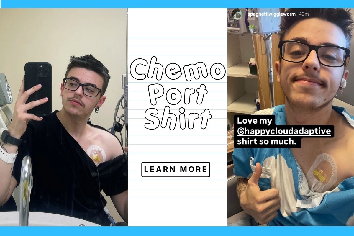 young man wearing happy cloud adaptive port access t-shirt
