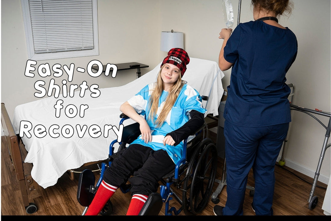 Adaptive Clothing model wearing a blue easy-on shirt while seated in a wheelchair during medical recovery