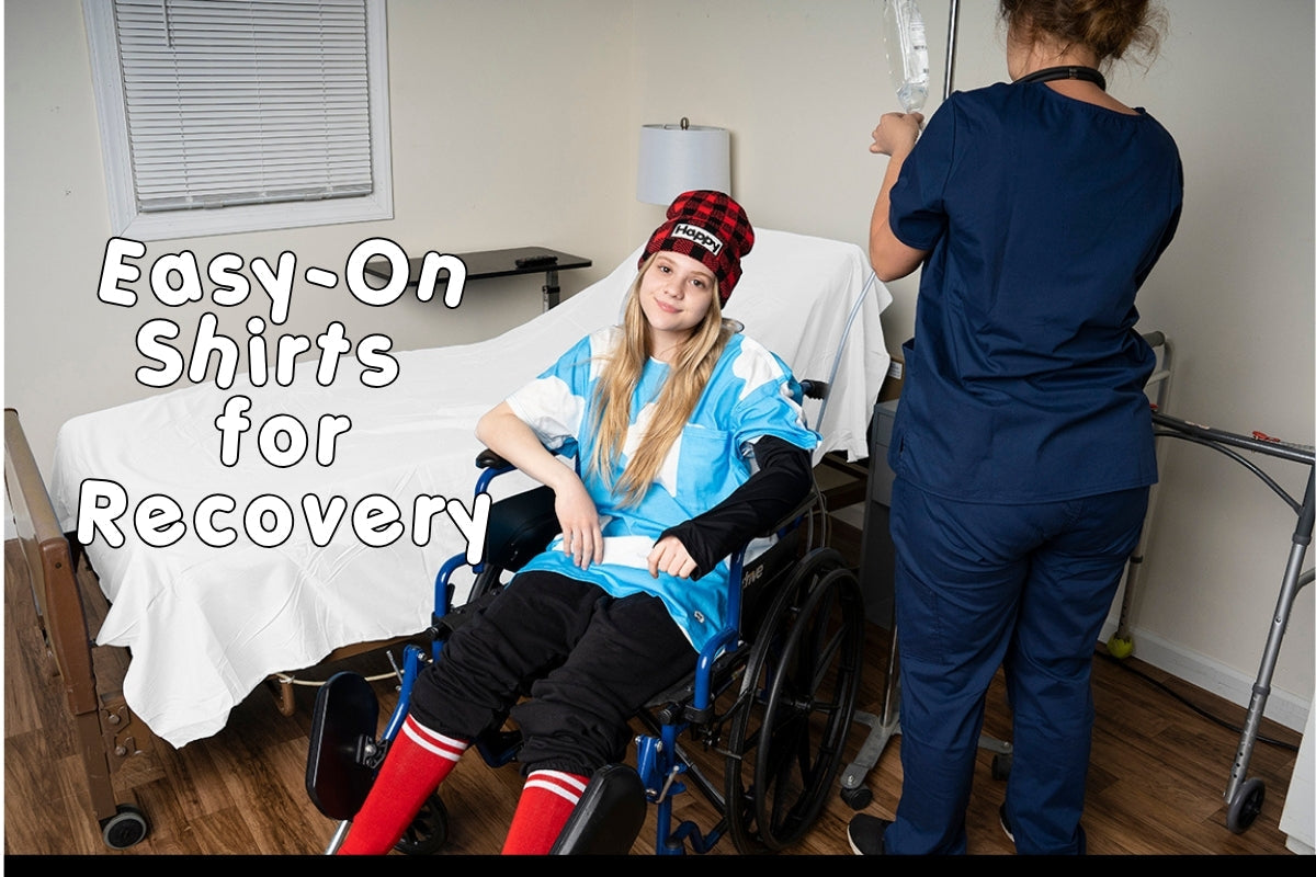 Adaptive Clothing model wearing a blue easy-on shirt while seated in a wheelchair during medical recovery