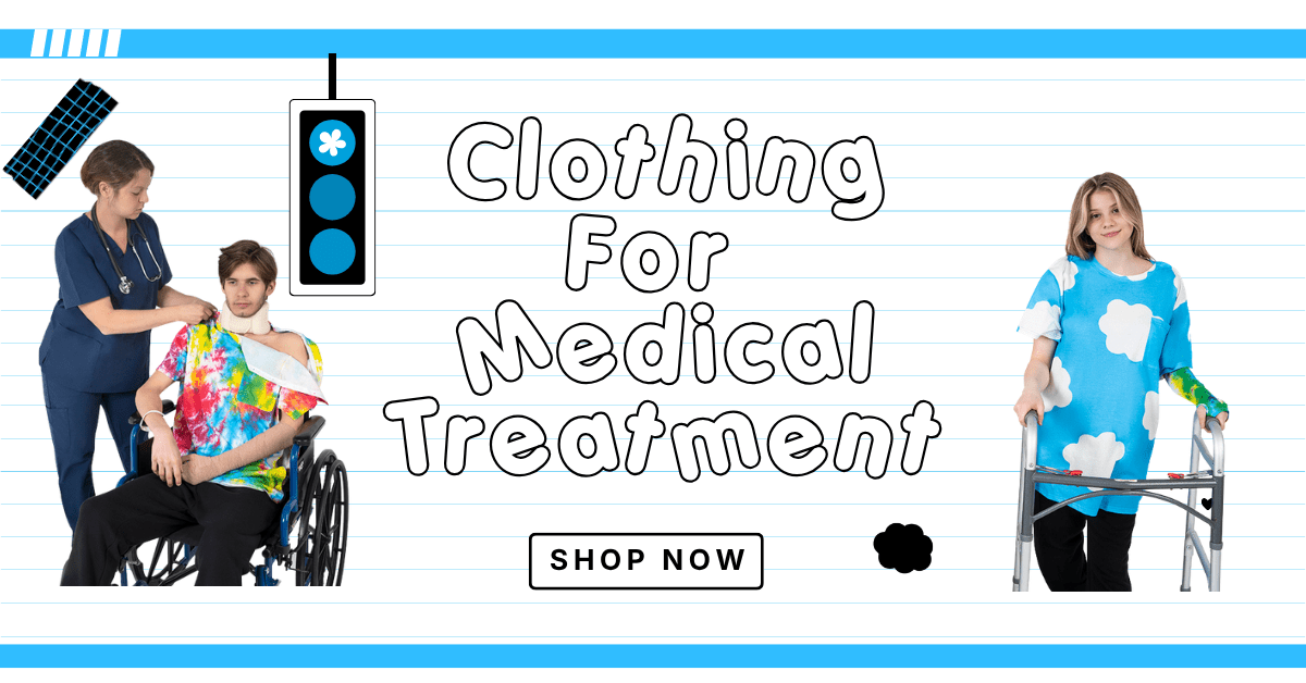 Happy Cloud adaptive clothing banner featuring a wheelchair user, a person receiving medical care, and a walker user wearing adaptive shirts.