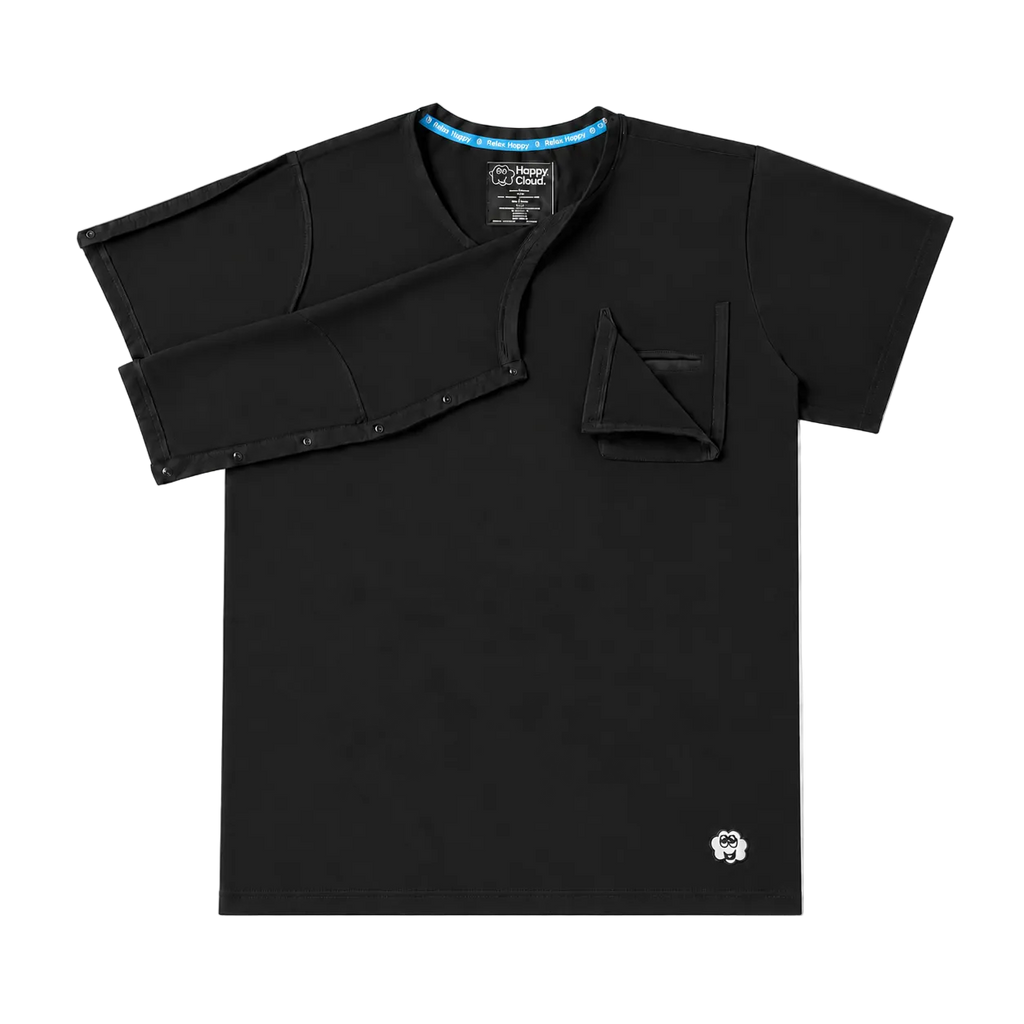 Black Happy Cloud adaptive T-shirt laid flat with open shoulder flap, plastic snaps, Velcro pocket, and embroidered cloud logo.