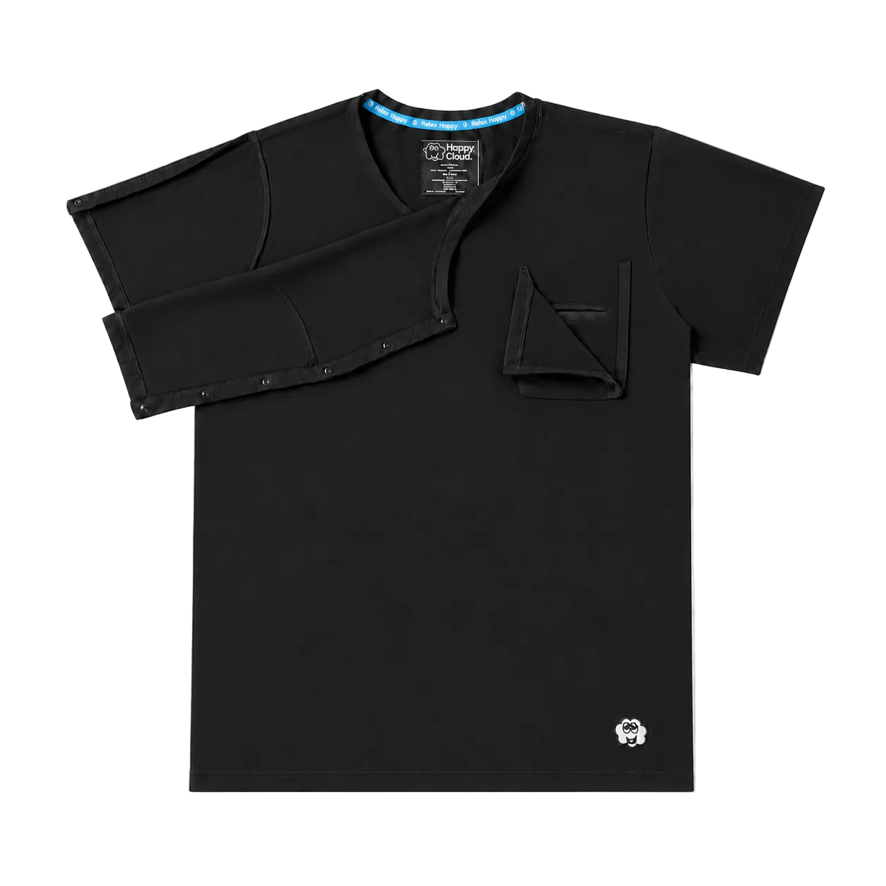 Black Happy Cloud adaptive T-shirt laid flat with open shoulder flap, plastic snaps, Velcro pocket, and embroidered cloud logo.