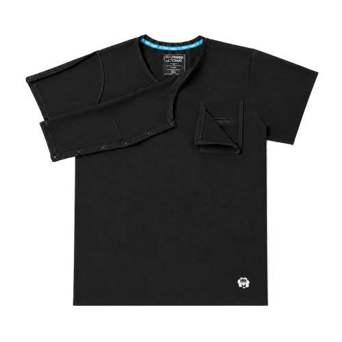 Black Happy Cloud adaptive T-shirt laid flat with open shoulder flap, plastic snaps, Velcro pocket, and embroidered cloud logo.