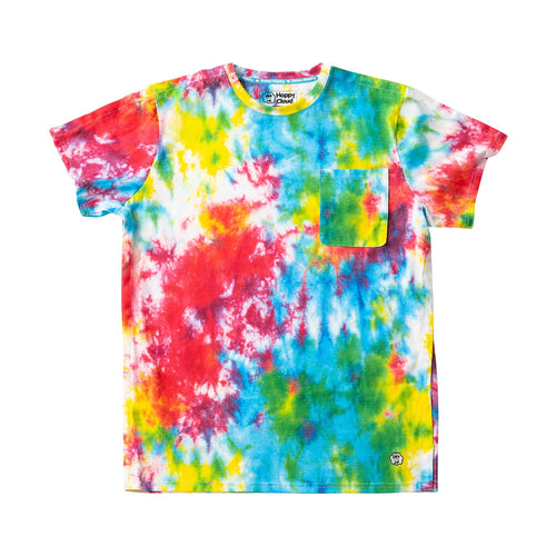 Front view of the Happy Cloud Adaptive tie-dye T-shirt with short sleeves, crew neck, chest pocket, and colorful multicolor design.