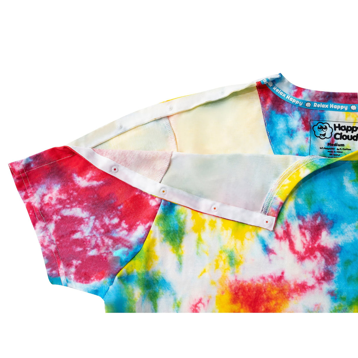 Close-up of the Happy Cloud Adaptive tie-dye T-shirt with the shoulder opening unsnapped to show the adaptive snap closure and easy shoulder access.